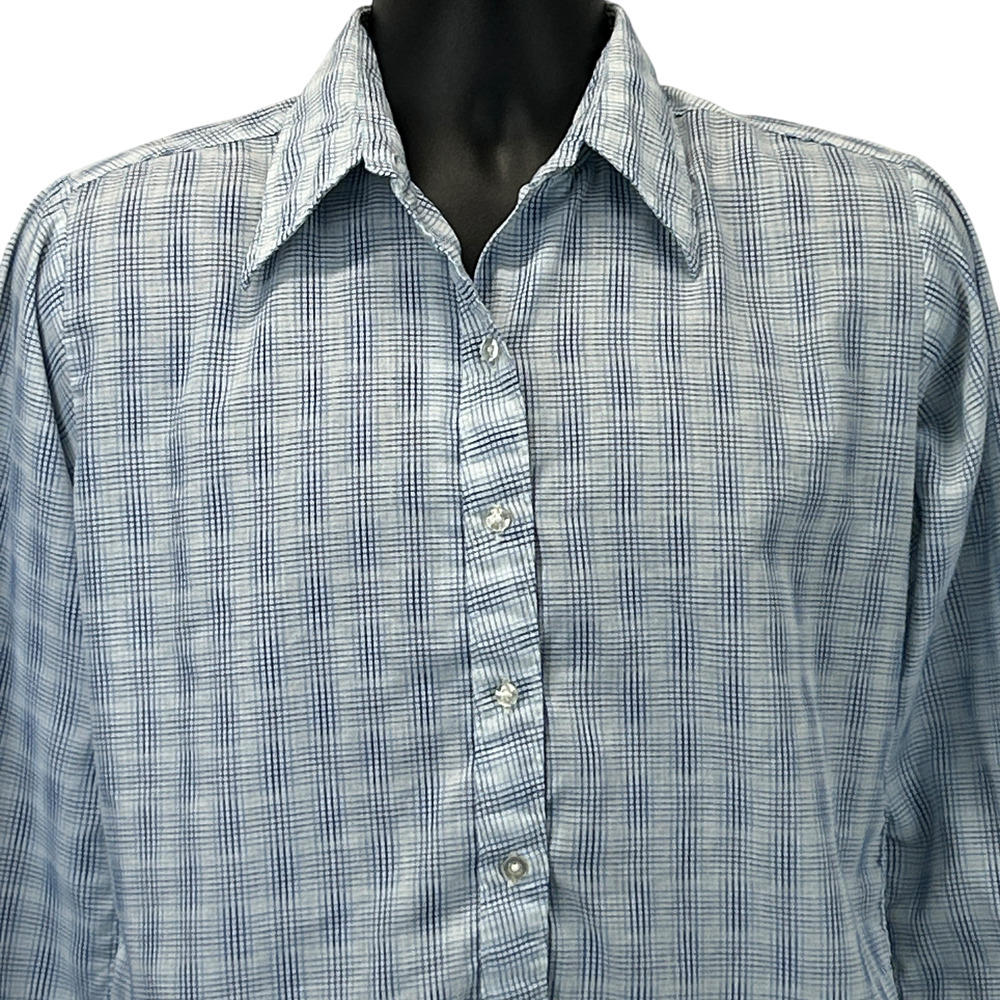 Vintage 70s 80s Button Front Shirt Mens S Small Big Collar Button Up Plaid Blue